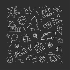 Set of children drawings. Hand drawn set of cute kids doodles. Vector outline illustration on black background.