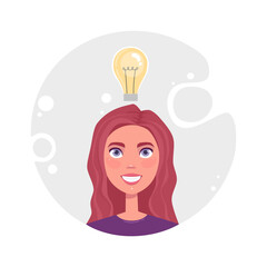 Concept of productive self organization cute girl, effective time management, organize work. Woman idea bulb, read email. Flat vector cartoon illustration isolated on grey background