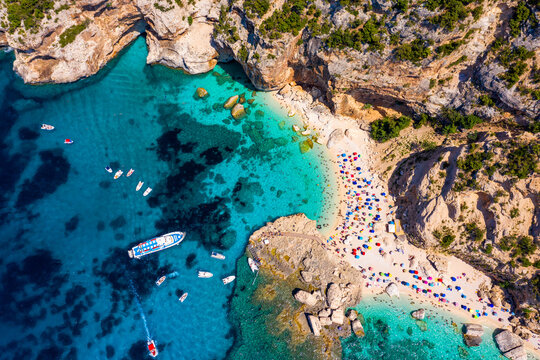 Cala Mariolu view from above. Cala Mariolu famous beach. Italy Sardinia Nuoro province National Park of the Bay of Orosei and Gennargentu Cala Mariolu listed as World Heritage. Sardinia, Italy.
