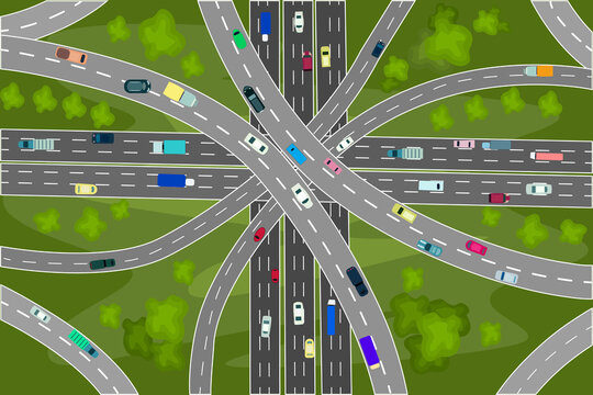 Road junction and bridges with many cars top view. Modern highway and transport. Intersections and overpasses. Vehicles moving on a road or public highway. Stream of heavy traffic. Vector illustration