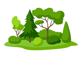 Fototapeta premium Background with trees, spruces and bushes. Summer or spring landscape. Seasonal illustration.