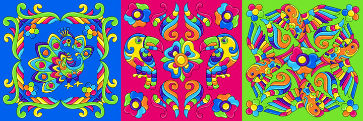 Fototapeta na wymiar Mexican talavera ceramic tile pattern with tropical birds. Traditional decorative objects.