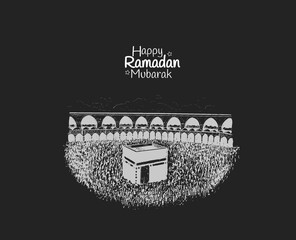Ramadan Mubarak with holy kaaba illustration hand drawn isolated on black background