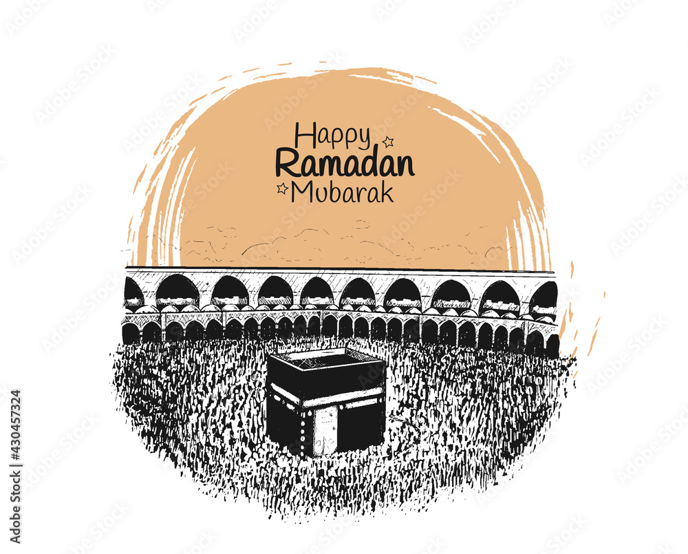 Sticker Ramadan Mubarak with holy kaaba illustration hand drawn isolated on white background yellow brush