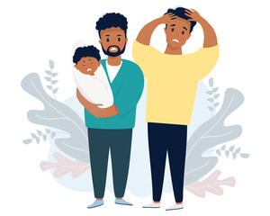 Ethnic male couple with a baby. Two sad and frightened men are holding a crying newborn. Vector illustration. LGBT family with newborn son, stressful situation. Family life and emotions concept
