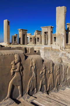 Relief sculpture of the subject people in Tachar Palace in Persepolis, Iran.