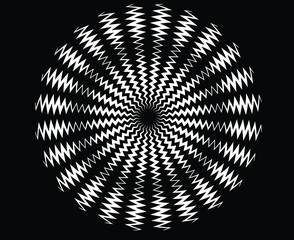  Abstract rotated white lines in circle form on black background. Geometric art. Design element. Digital image with a psychedelic stripes. Vector illustration zig zag