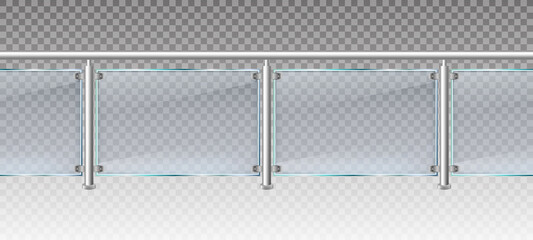 Realistic glass fence. Glass balustrade with metal railings, balcony or terrace plexiglass fencing 3d vector illustration. Glass balcony balustrade - obrazy, fototapety, plakaty