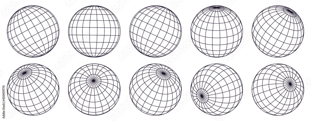 Wall mural globe grid spheres. striped 3d spheres, geometry globe grid, earth latitude and longitude line grid 