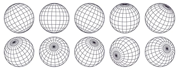 Fotobehang Globe grid spheres. Striped 3D spheres, geometry globe grid, earth latitude and longitude line grid vector symbols set. Spherical grid globe shapes © WinWin