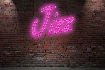 Neon-style text "jizz" on brick wall background