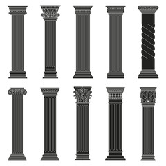 Greek ancient columns. Classic roman and greek architectural stone pillars isolated vector illustration set. Ancient classic outline pillars