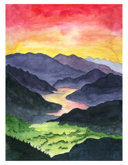 mountain landscape at sunset watercolor graphics