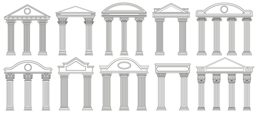 Ancient pediments. Greek and roman architecture temple facade with ancient pillars vector illustration set. Antique architectural pediments elements