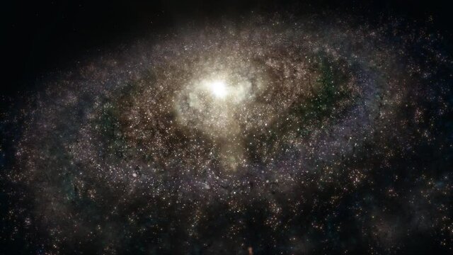 Giant deep space alien spiral galaxy concept. Loop of high angle revolving galactic stellar milky way supercluster created without third-party elements depicting celestial eternity of the universe.