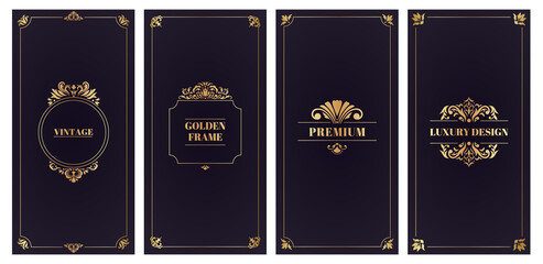 Ornate damask cards. Golden frame wedding card or invitation, elegant greeting cards vector illustration set. Decorative damask floral design templates - obrazy, fototapety, plakaty