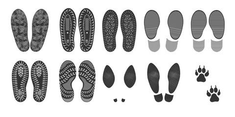 Footprints of human shoes, vector set of silhouettes isolated on a white background. Shoe soles print. Foot protector, boots, sneakers, shoes, women's and men's, dog tracks. Monochrome image, clipart.