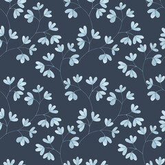 Watercolor seamless pattern with blue leaf twigs, small leaves on a blue background. Botanical illustration for fabrics, dresses, interiors