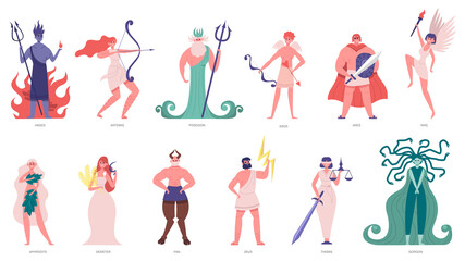 Fototapeta na wymiar Greek gods and goddess. Olympic cartoon gods and heroes, poseidon, hades, zeus and hermes. Ancient mythology characters vector illustration set