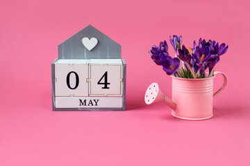 Calendar for May 4: cubes with the numbers 0 and 4, the name of the month of May in English,a pink watering can with a bouquet of purple crocuses on a pink background