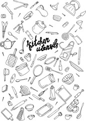 Kitchen utensils doodle set. Collection of hand drawn isolated elements