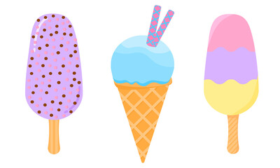 A collection of 3 ice creams - tricolor, cone, lilac creamy with multi-colored culinary powder