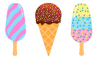 A set of 3 ice creams. Fruity, chocolate cone, ice cream with sprinkles. Vector flat illustration