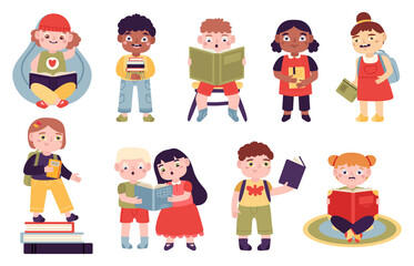 Kids reading books. Reading children, boys and girls read for learning and entertainment. Elementary school readers vector illustration set