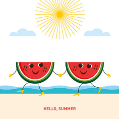 Two funny pieces of Watermelon on the beach. Summer time. Hello summer, card design