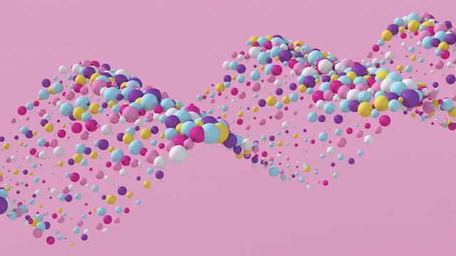 Loop waving colorful balls. Pink background. Abstract animation, 3d render.