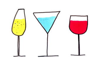 Line glasses set. Outline flat glasses and beverages icons, drink jars, wine, cocktails symbols for logo.