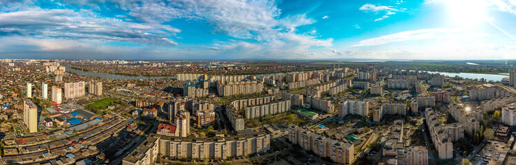 microdistrict (multi-storey residential buildings), built on sand reclaimed from the Kuban River, on the western outskirts of the city of Krasnodar at the end of the 20th century - obrazy, fototapety, plakaty