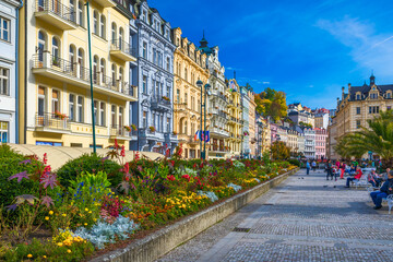 Fototapeta na wymiar World-famous for its mineral springs, the town of Karlovy Vary (Karlsbad) was founded by Charles IV in the mid-14th century.