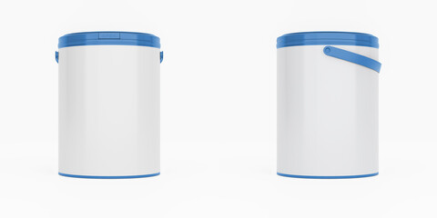 Blue 1l plastic paint can / bucket / container with handle and blank label, isolated on white background. © Adam V