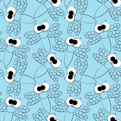 Seamless vector pattern with outline cute blue dragonfly