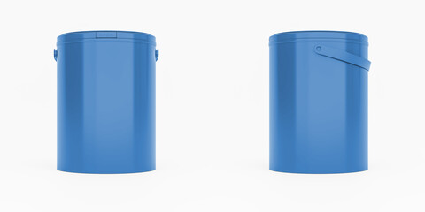 Blue 1l plastic paint can / bucket / container with handle and no label, isolated on white background.