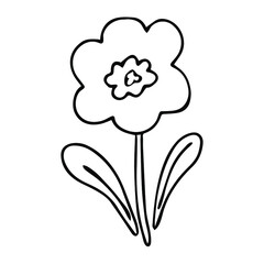 Flower doodle - simple childish naive hand drawn floral icon. Black ink flower with leaves outline isolated on white background. Vector illustration. Graphic element for design