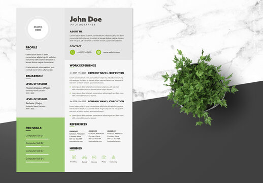 Photographer Resume with Green Accents