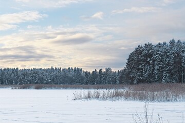 A view of the frozen and snow-capped lake Ändsjön on the island of Frösön in Sweden