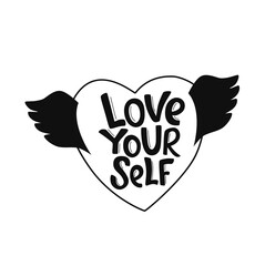 Feminist and body positive vector sticker. Love your self - handwritten phrase with ribbon on heart. Lettering quotes, type, font isolated on white background for poster, banner. EPS 10