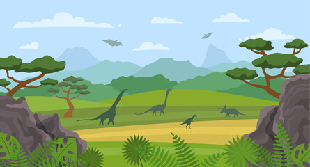 Cartoon Color Dinosaurs and Landscape Scene Concept. Vector © bigmouse108