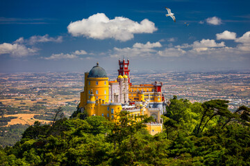Palace of Pena in Sintra. Lisbon, Portugal. Travel Europe, holidays in Portugal. Panoramic View Of...