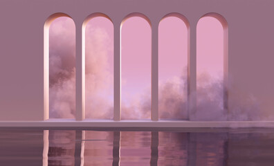 3D mock up podium with abstract arches on water in clouds or smoke in natural pink sunset light. Abstract trendy boho background for product presentation in mid century style.