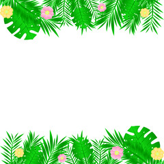 Fototapeta na wymiar border of tropical leaves and flowers of different colors above and below with a place for text in the middle