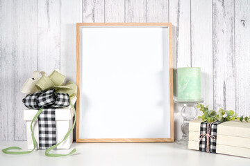 Art poster print wooden frame. Farmhouse craft product mockup with farmhouse style decor, gifts and...