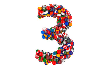 Number 3 from flags of different countries, 3D rendering