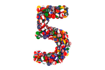 Number 5 from flags of different countries, 3D rendering