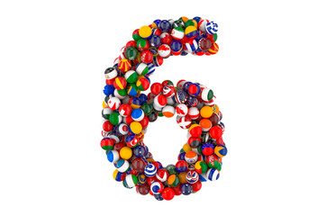 Number 6 from flags of different countries, 3D rendering