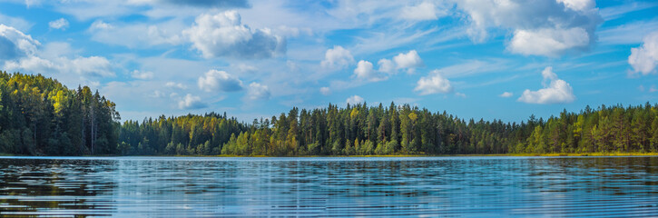 Panoramic view of beautiful forest lake in Russia. - obrazy, fototapety, plakaty