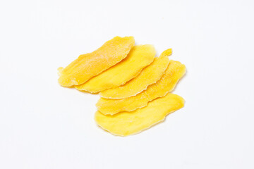 Fototapeta na wymiar Sugar-free slices of dried mango on white background